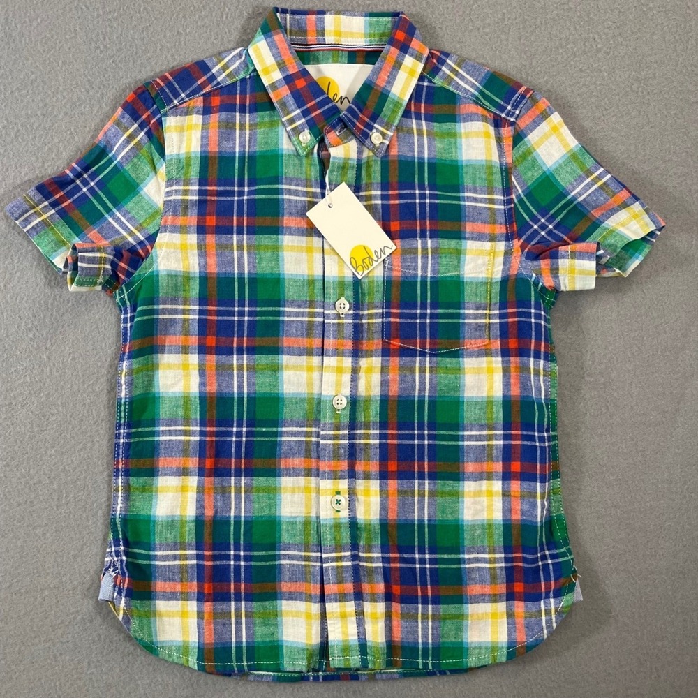 NWT Boden Boys Multi-Color Plaid Linen Blend Short Sleeve Button Down Shirt 5-6Y